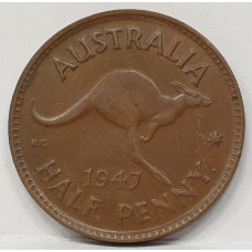 AUSTRALIA 1947Y. HALF 1/2  PENNY . VARIETY . DIE CRACK IN THE 'U'